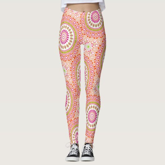 Fuchsia Sinaasappel en groen levendig mandala patr Leggings (Voorkant)