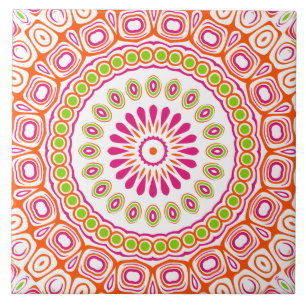 Fuchsia Sinaasappel en groen levendig mandala patr Tegeltje