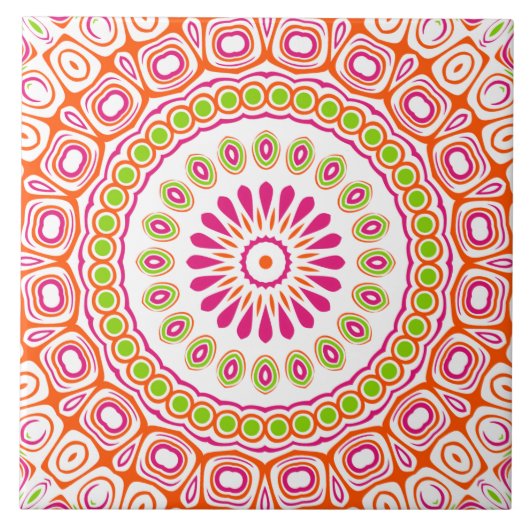 Fuchsia Sinaasappel en groen levendig mandala patr Tegeltje (Voorkant)