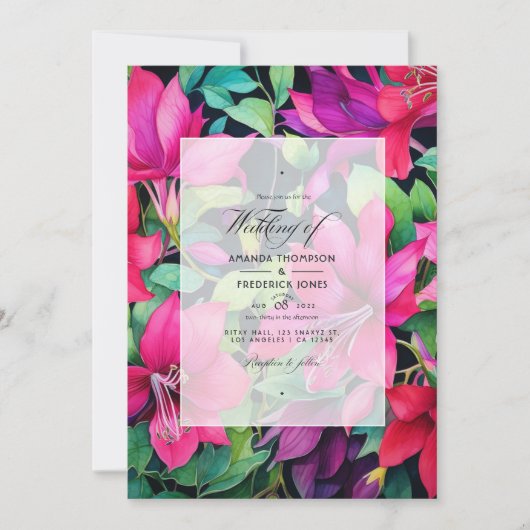 Fuchsia, Smaragd Groen en Zwart Bloemen Bruiloft Kaart (Voorkant)