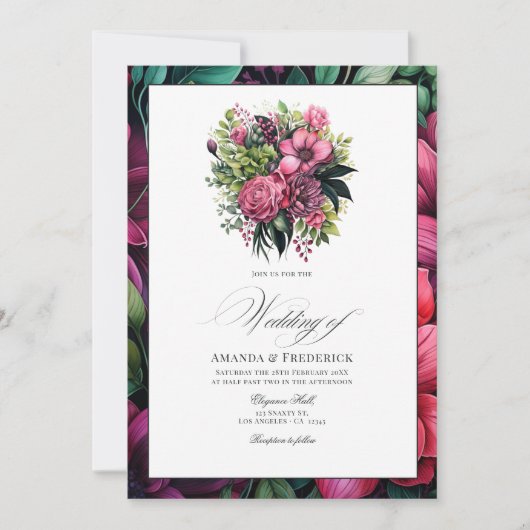 Fuchsia, Smaragd Groen en Zwart Bloemen Bruiloft Kaart (Voorkant)