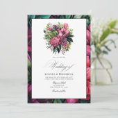 Fuchsia, Smaragd Groen en Zwart Bloemen Bruiloft Kaart (Staand voorkant)