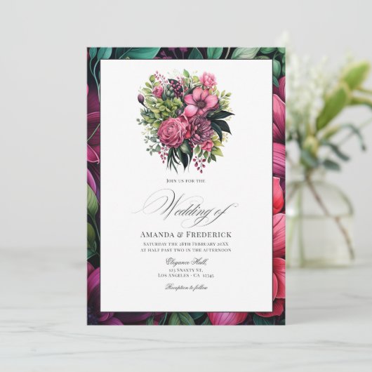 Fuchsia, Smaragd Groen en Zwart Bloemen Bruiloft Kaart (Staand voorkant)