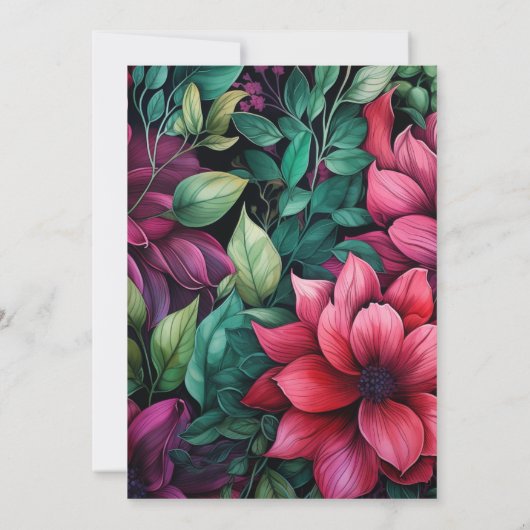 Fuchsia, Smaragd Groen en Zwart Bloemen Bruiloft Kaart (Achterkant)