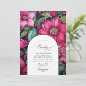 Fuchsia, Smaragd Groen en Zwart Bloemen Bruiloft Kaart (Staand voorkant)