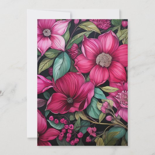 Fuchsia, Smaragd Groen en Zwart Bloemen Bruiloft Kaart (Achterkant)