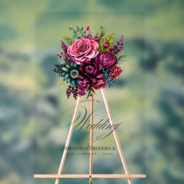 Fuchsia, Smaragdgroen en Zwarte Bloemen Bruiloft Acryl Bord