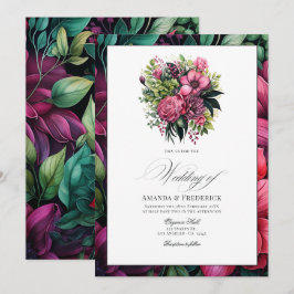 Fuchsia, Smaragdgroen en Zwarte Bloemen Bruiloft Kaart