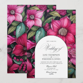 Fuchsia, Smaragdgroen en Zwarte Bloemige Bruiloft Kaart