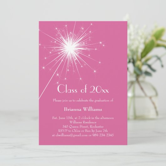 Fuchsia Sparkler Afstuderen Invitation Kaart (Staand voorkant)