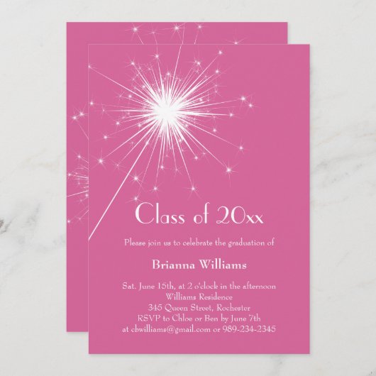 Fuchsia Sparkler Afstuderen Invitation Kaart (Voorkant / Achterkant)