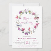 Fuchsia Sweet Pea Wreath Baptism & 1st Birthday in Kaart (Voorkant)