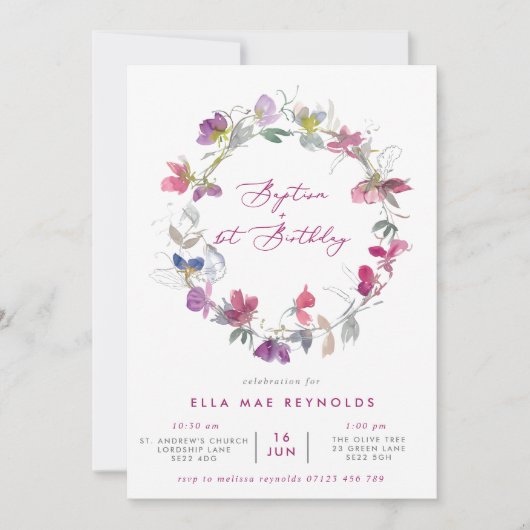 Fuchsia Sweet Pea Wreath Baptism & 1st Birthday in Kaart (Voorkant)