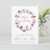 Fuchsia Sweet Pea Wreath Baptism & 1st Birthday in Kaart (Staand voorkant)