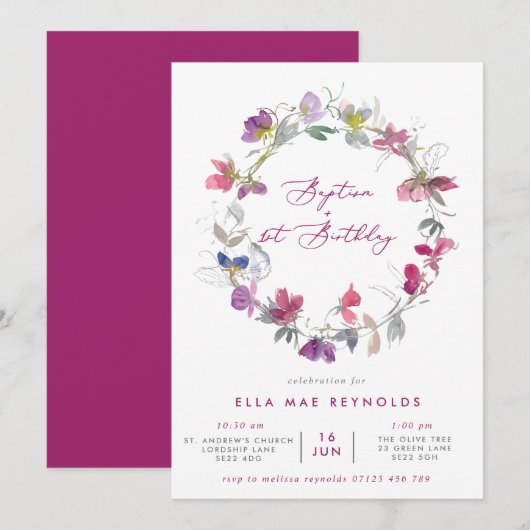 Fuchsia Sweet Pea Wreath Baptism & 1st Birthday in Kaart (Voorkant / Achterkant)