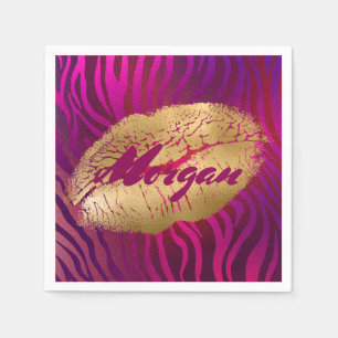 Fuchsia Tiger Stripes Gold Lipstick Print Servet