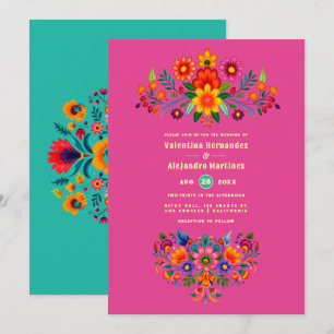 Fuchsia & Turquoise Volkskunst Bruiloftsfeest Kaart