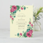Fuchsia Turquoise Weelderige Bloemige Bruiloft Kaart (Staand voorkant)