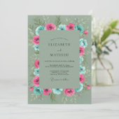 Fuchsia Turquoise Wildebloem Bruiloft Kaart (Staand voorkant)