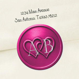 Fuchsia Twee Onderling Vervlochten Harten Monogram Ronde Sticker