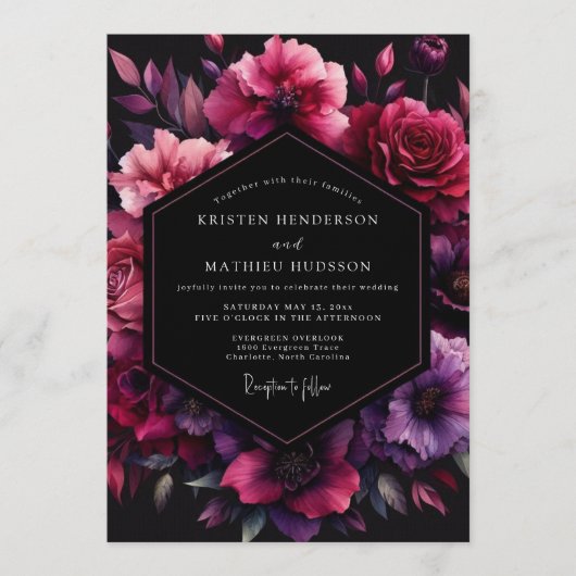 Fuchsia Umbral Bloom Bruiloft Kaart (Voorkant)