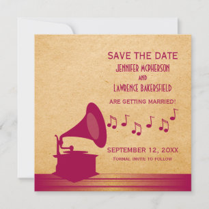 Fuchsia Vintage Grammofoon Save the Date Uitnodigi Kaart