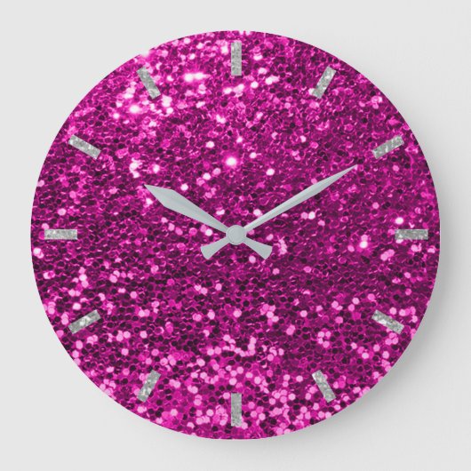 Fuchsia Vivid Bright roze Rose Glitter Silver Grey Grote Klok (Voorkant)