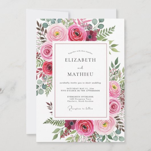 Fuchsia Vivid Watercolor Wedding Kaart (Voorkant)