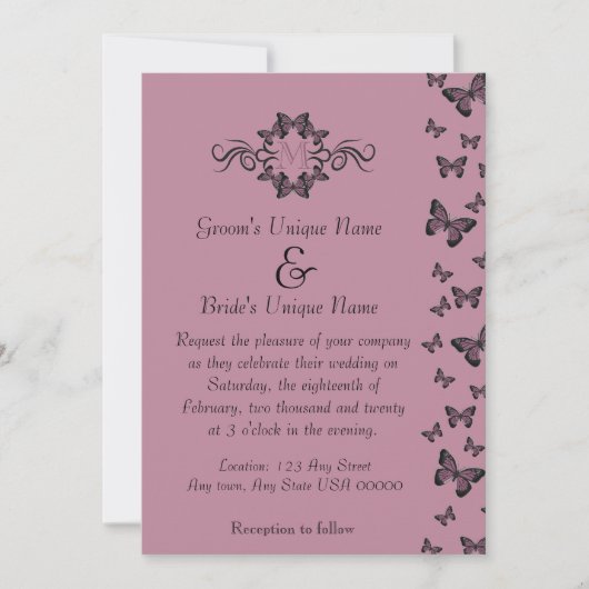 Fuchsia Vlinders Monogram Bruiloft Kaart (Voorkant)