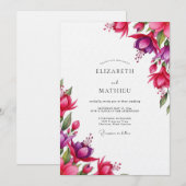 Fuchsia Watercolor Bloom Wedding Kaart (Voorkant / Achterkant)
