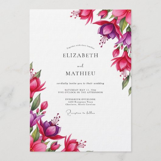 Fuchsia Watercolor Bloom Wedding Kaart (Voorkant)