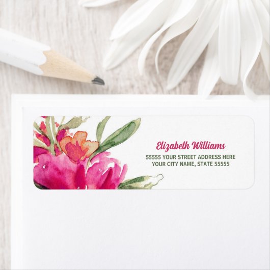 Fuchsia Waterverf Bloemen retour adreslabels Etiket (Insitu)