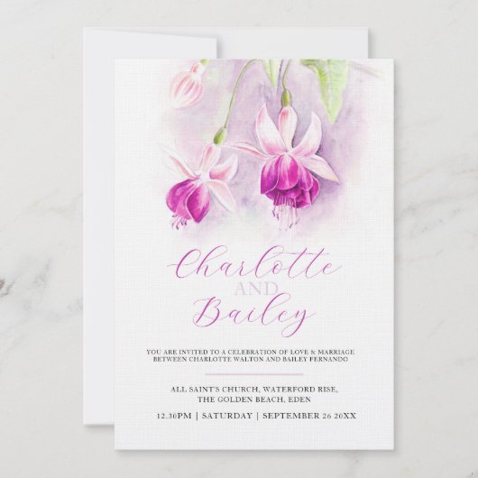 Fuchsia waterverf dieproze kunst bruiloft kaart (Voorkant)