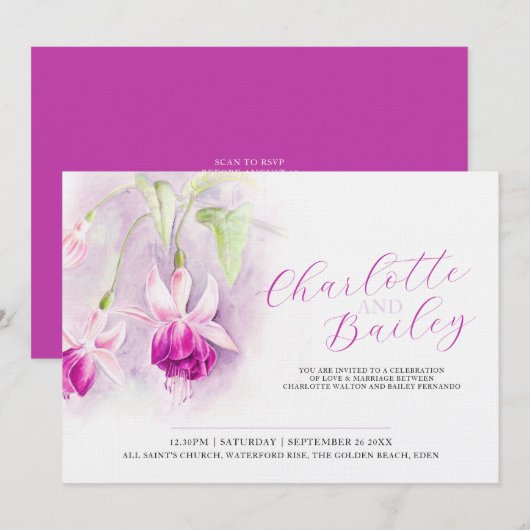 Fuchsia waterverf dieproze kunst bruiloft landscha kaart (Voorkant / Achterkant)