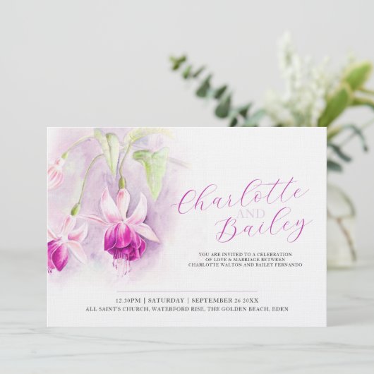 Fuchsia waterverf dieproze kunst bruiloft landscha kaart (Staand voorkant)