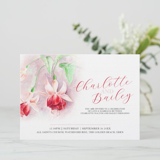 Fuchsia waterverf rode kunst bruiloft landschap kaart (Staand voorkant)