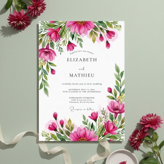 Fuchsia Weelderige Bloem Bruiloft Kaart