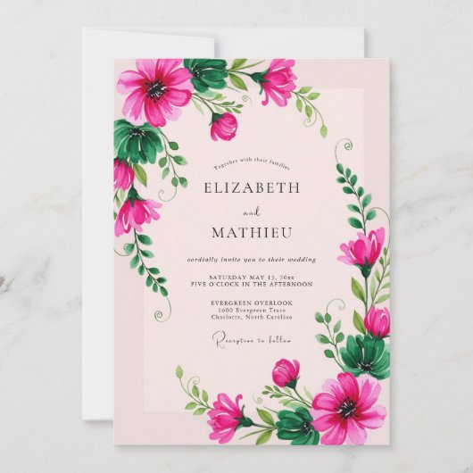 Fuchsia Whimsical Botanical Spring Wedding Kaart (Voorkant)