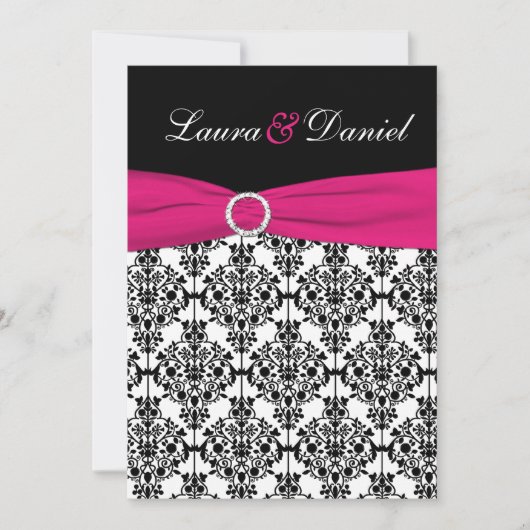 Fuchsia, White, Black Damask Wedding Invitation Kaart (Voorkant)