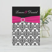 Fuchsia, White, Black Damask Wedding Invitation Kaart (Staand voorkant)
