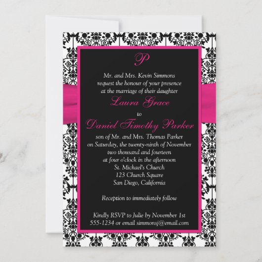 Fuchsia, White, Black Damask Wedding Invitation Kaart (Achterkant)