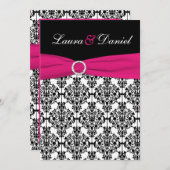 Fuchsia, White, Black Damask Wedding Invitation Kaart (Voorkant / Achterkant)