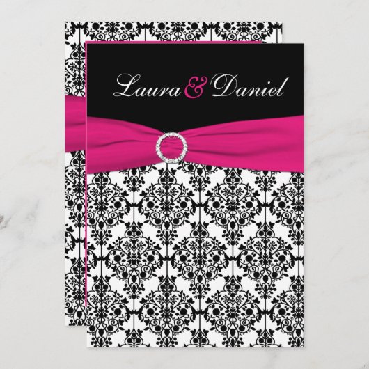 Fuchsia, White, Black Damask Wedding Invitation Kaart (Voorkant / Achterkant)