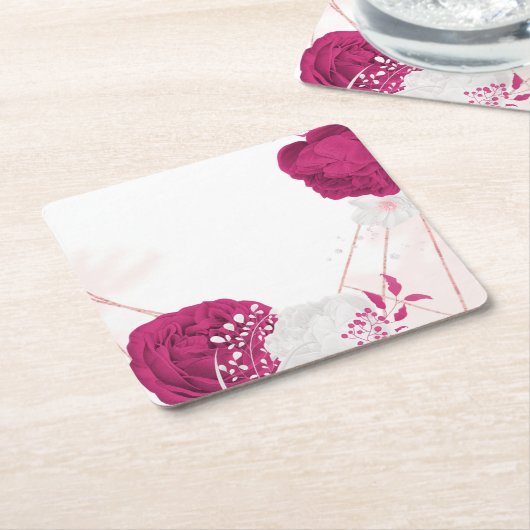 fuchsia & white floral bruiloft kartonnen onderzetters (Schuin)