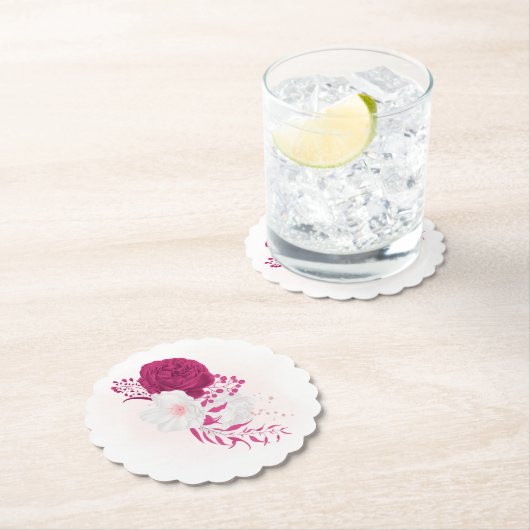 fuchsia & white floral bruiloft kartonnen onderzetters (Insitu)