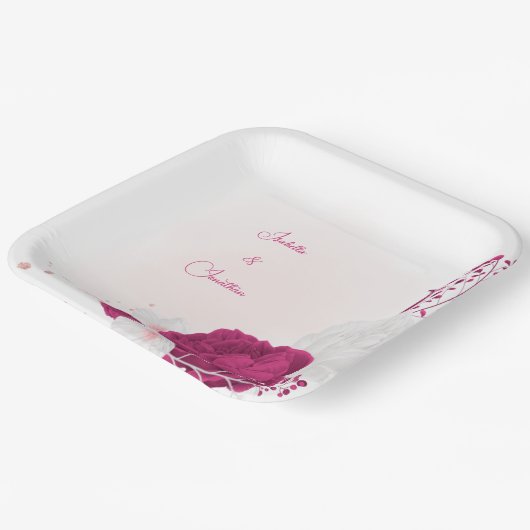 fuchsia & white floral bruiloft papieren bordje (Gebogen)