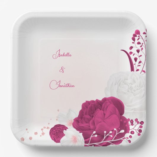fuchsia & white floral bruiloft papieren bordje (Voorkant)