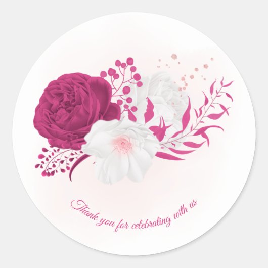 fuchsia & white floral bruiloft ronde sticker (Voorkant)