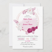 fuchsia & white floral wreatbruiloft kaart (Voorkant)