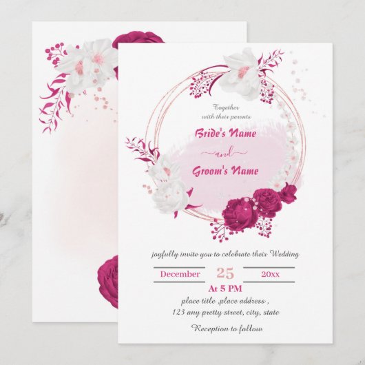fuchsia & white floral wreatbruiloft kaart (Voorkant / Achterkant)